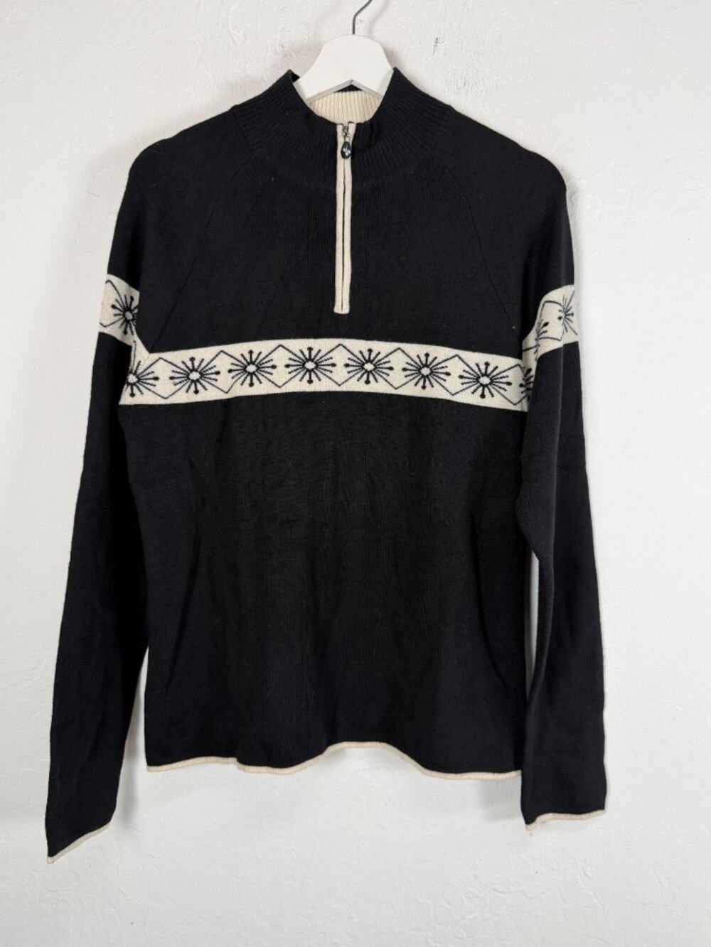 Meister Womens Large Merino Wool Black 1/4 Zip Sweater Nordic Snowflake Pattern